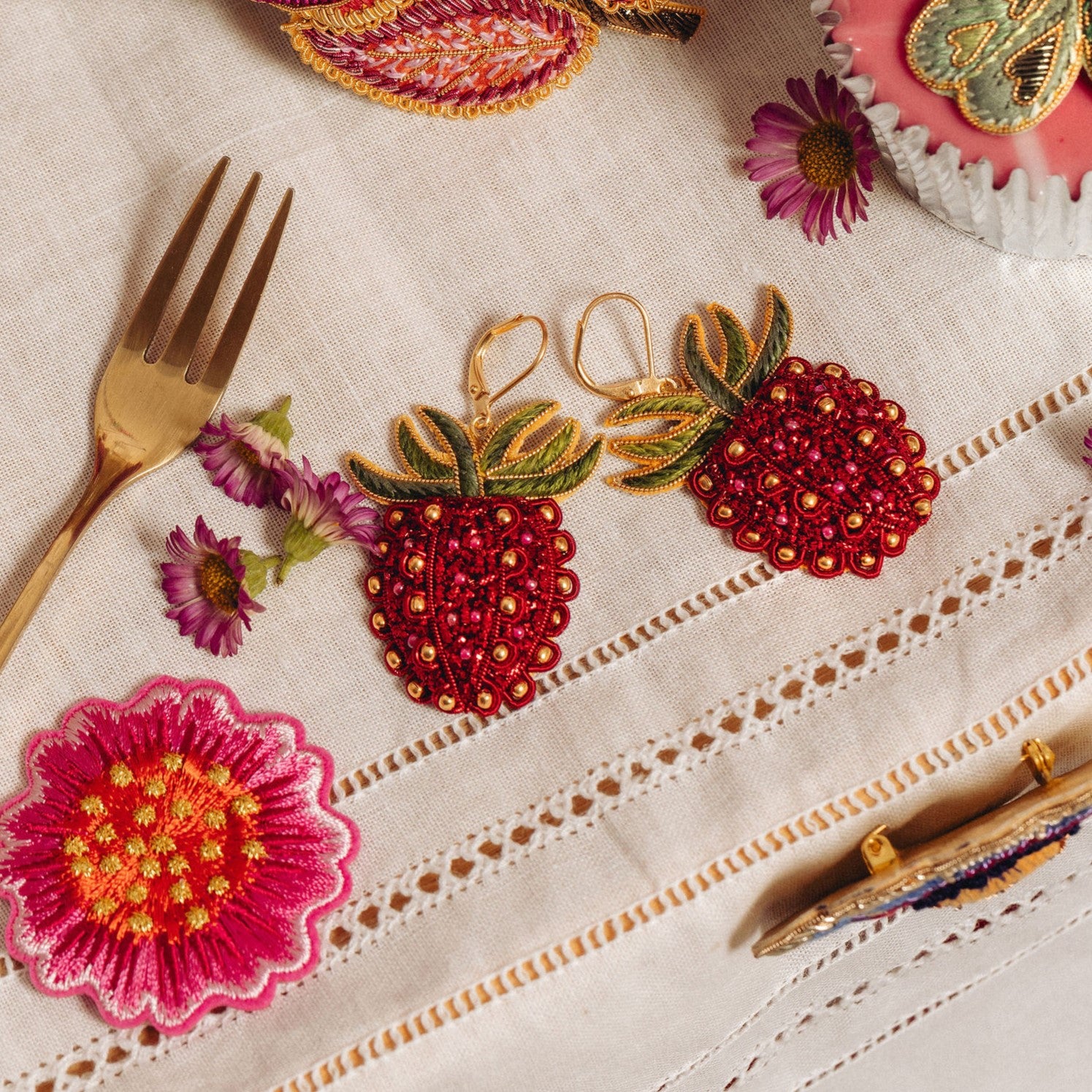 Studio Coverdale Collaboration - Strawberry Embroidered Goldwork Earrings