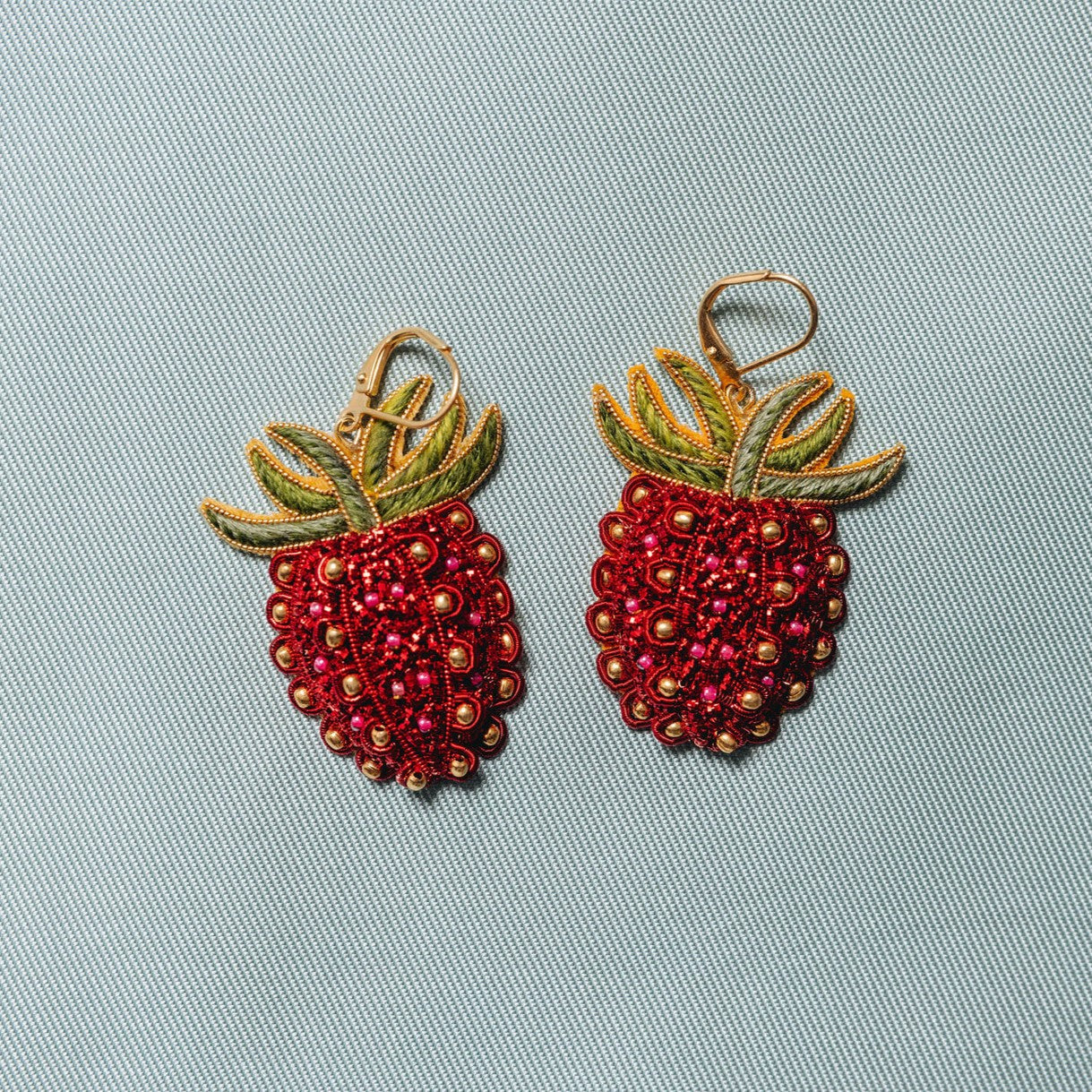 Studio Coverdale Collaboration - Strawberry Embroidered Goldwork Earrings