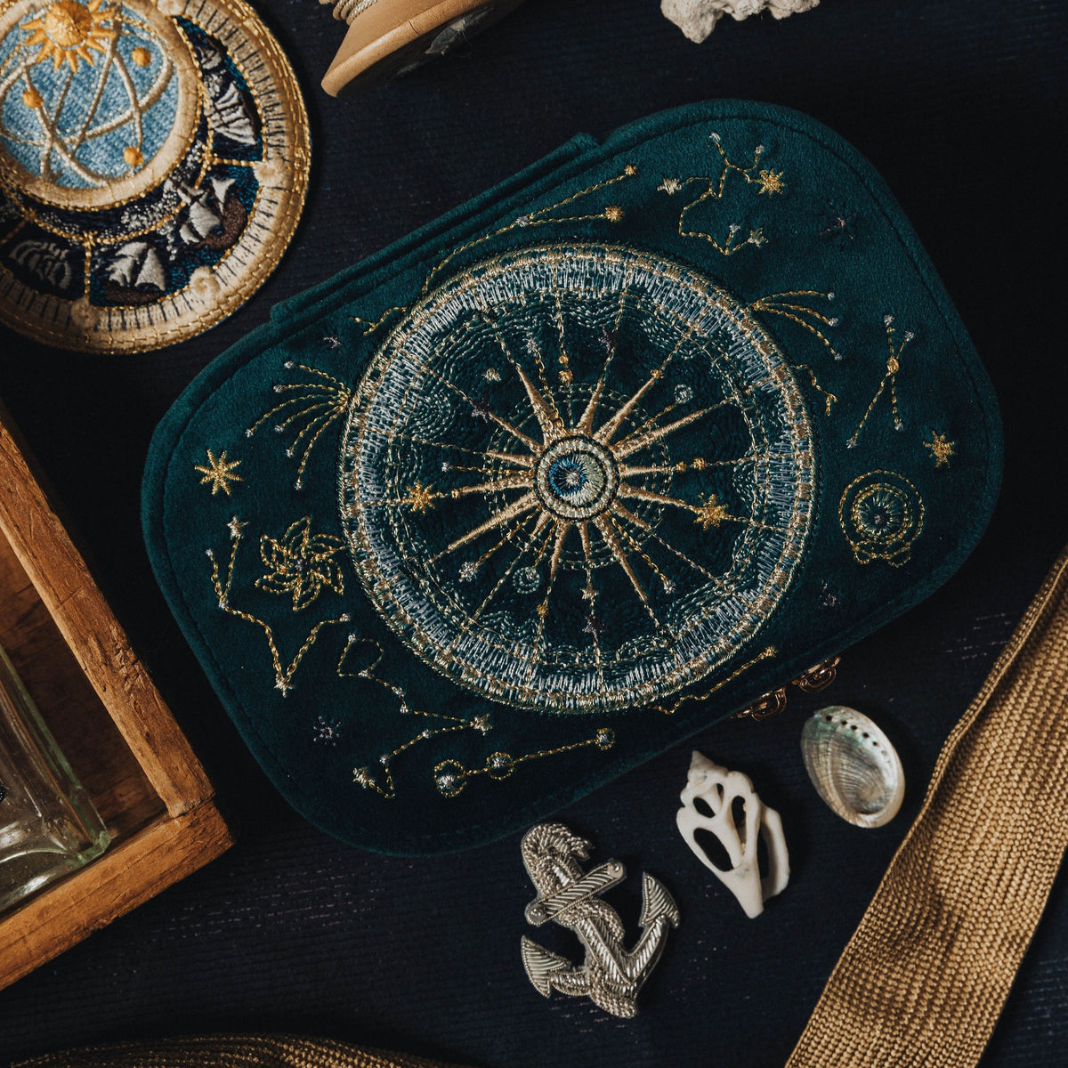 The Celestial Compass Box - Embroidered Jewellery Box 