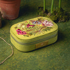 The Garden Embroidered Jewellery Box - Green embroidered jewellery box with floral and butterfly design on a green background