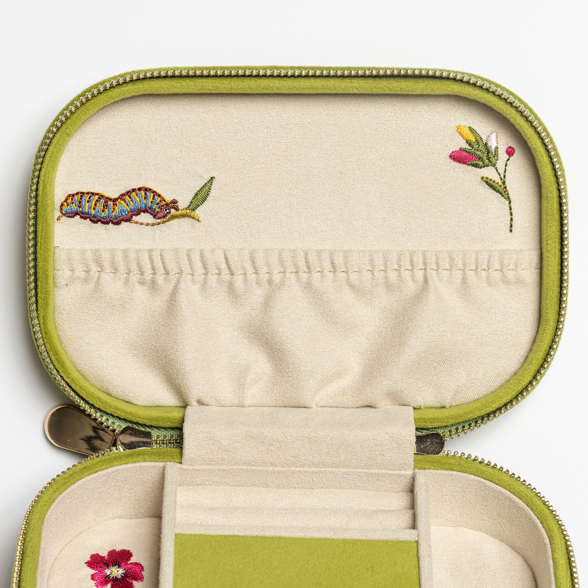 The Garden Embroidered Jewellery Box - Embroidered jewellery case interior lid with a caterpillar and flower embroideries on a beige background