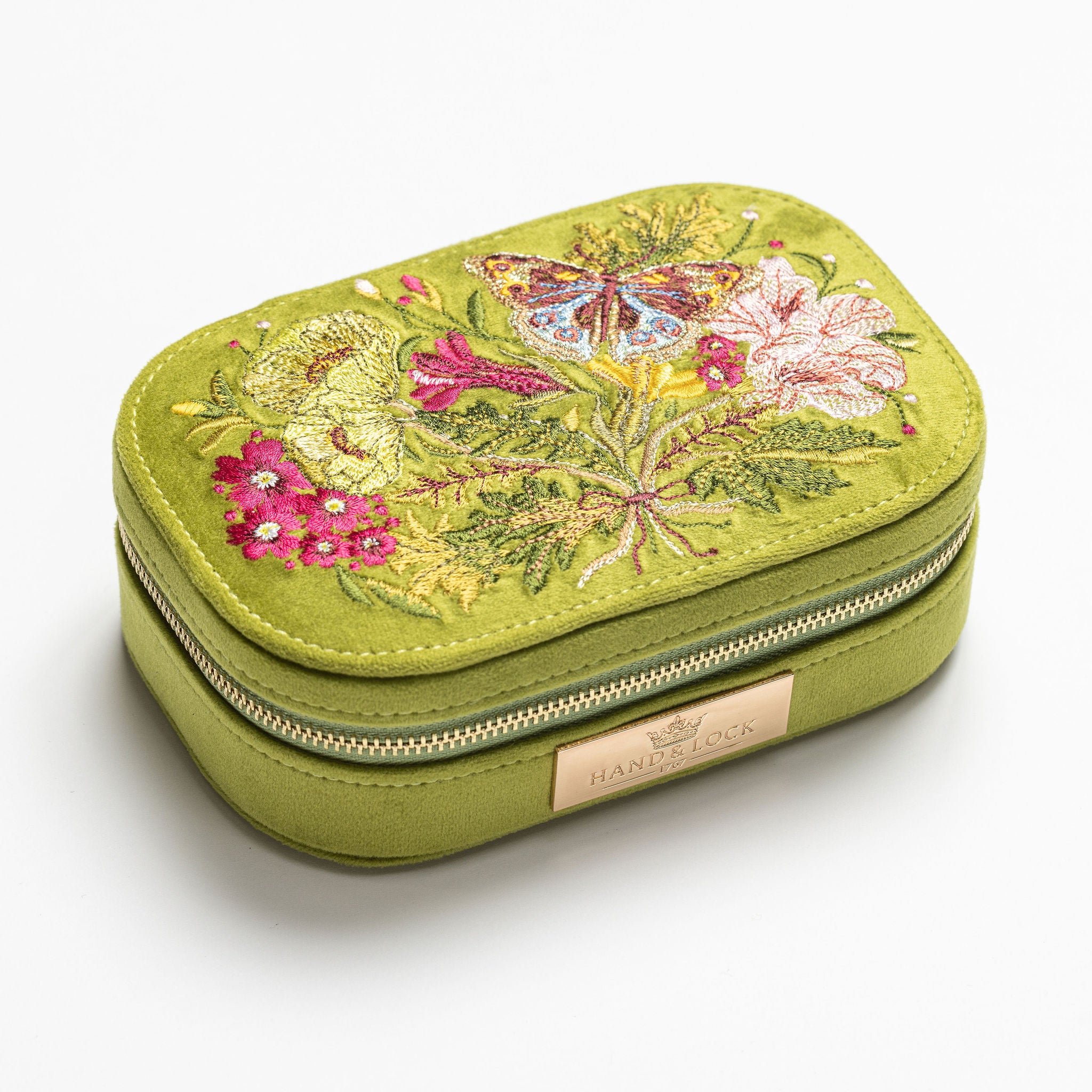 The Garden Embroidered Jewellery Box - Green jewelry box with floral and butterfly embroidery on a white background