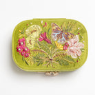 The Garden Embroidered Jewellery Box - Embroidered green jewellery case with floral and butterfly design on a white background