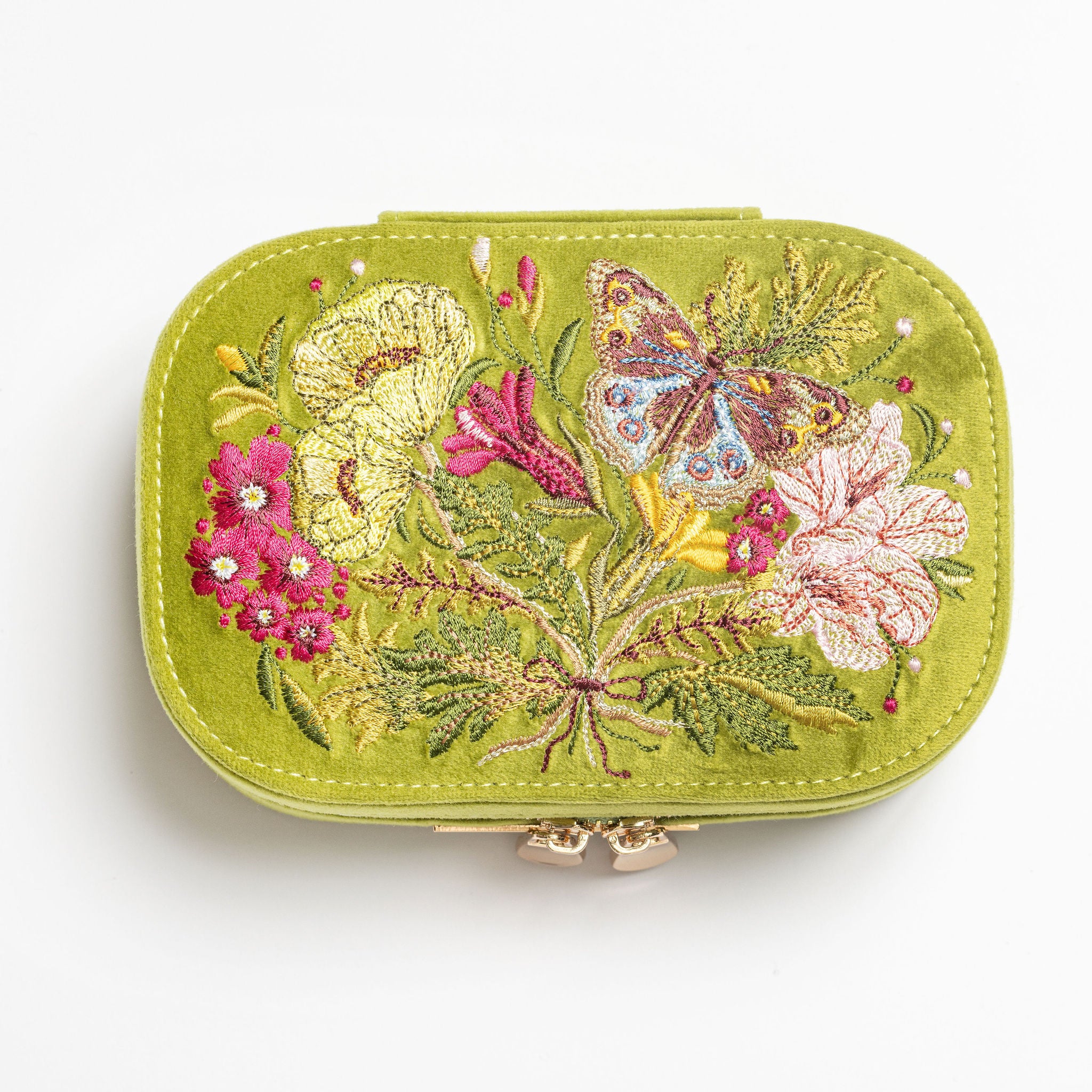 The Garden Embroidered Jewellery Box - Embroidered green jewellery case with floral and butterfly design on a white background