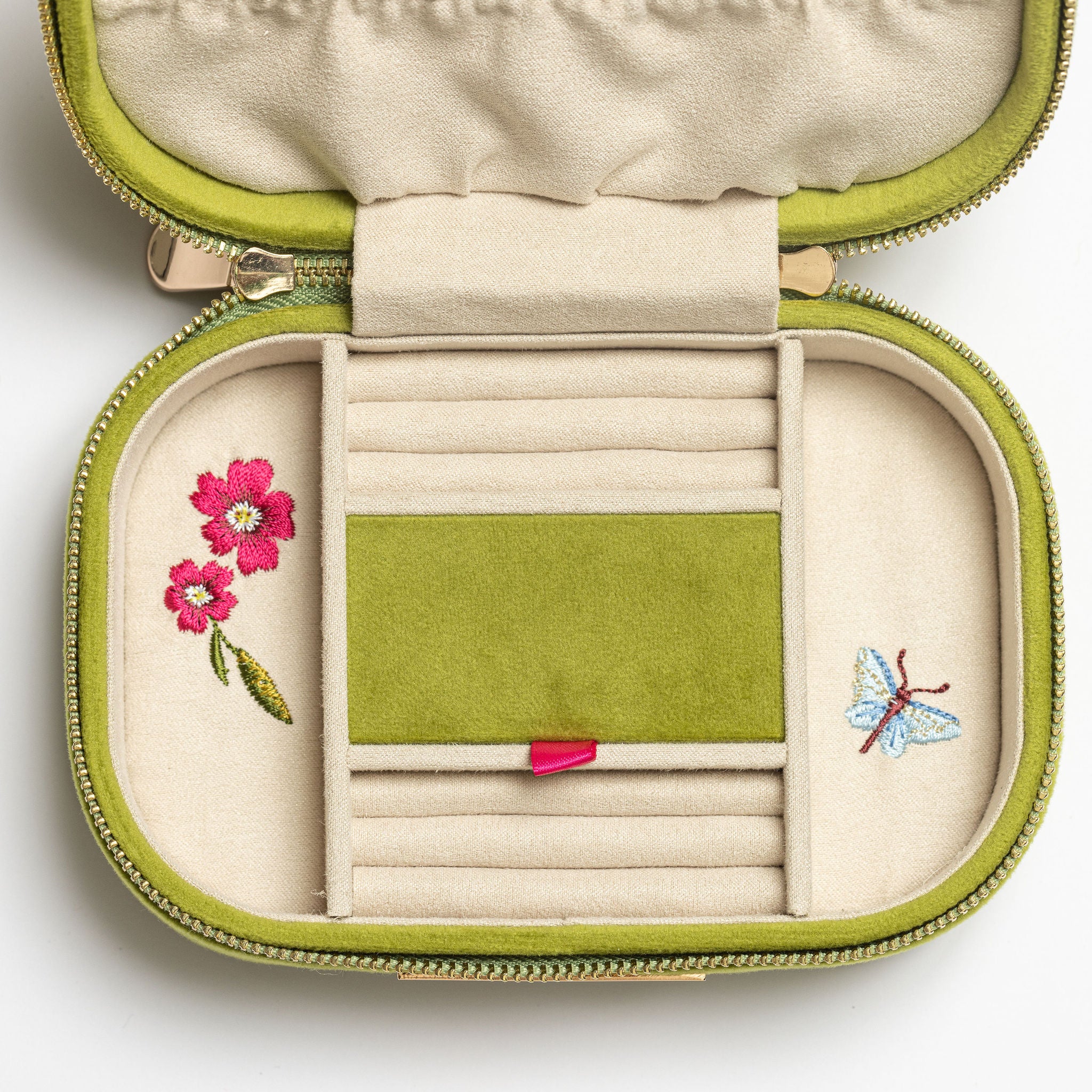 The Garden Embroidered Jewellery Box - Jewellery case interior with floral and butterfly embroidery on a white background