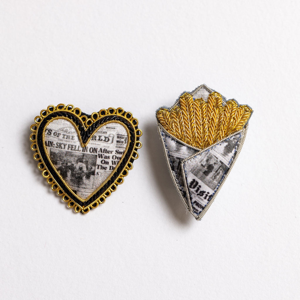 The Newspaper Print Heart Embroidered Brooch (8708160422147) (8707349348611)