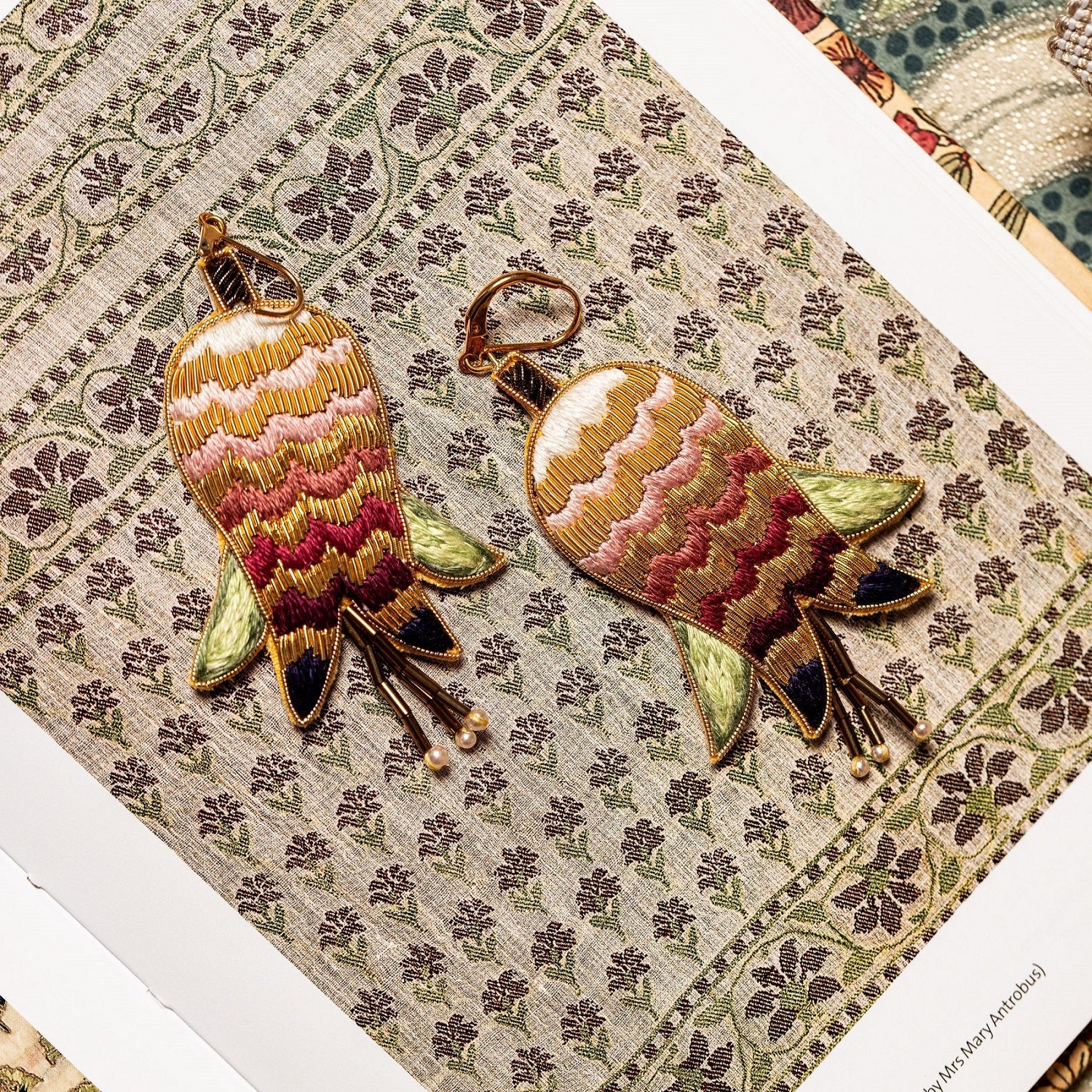 William Morris Hand Embroidered Goldwork Earrings