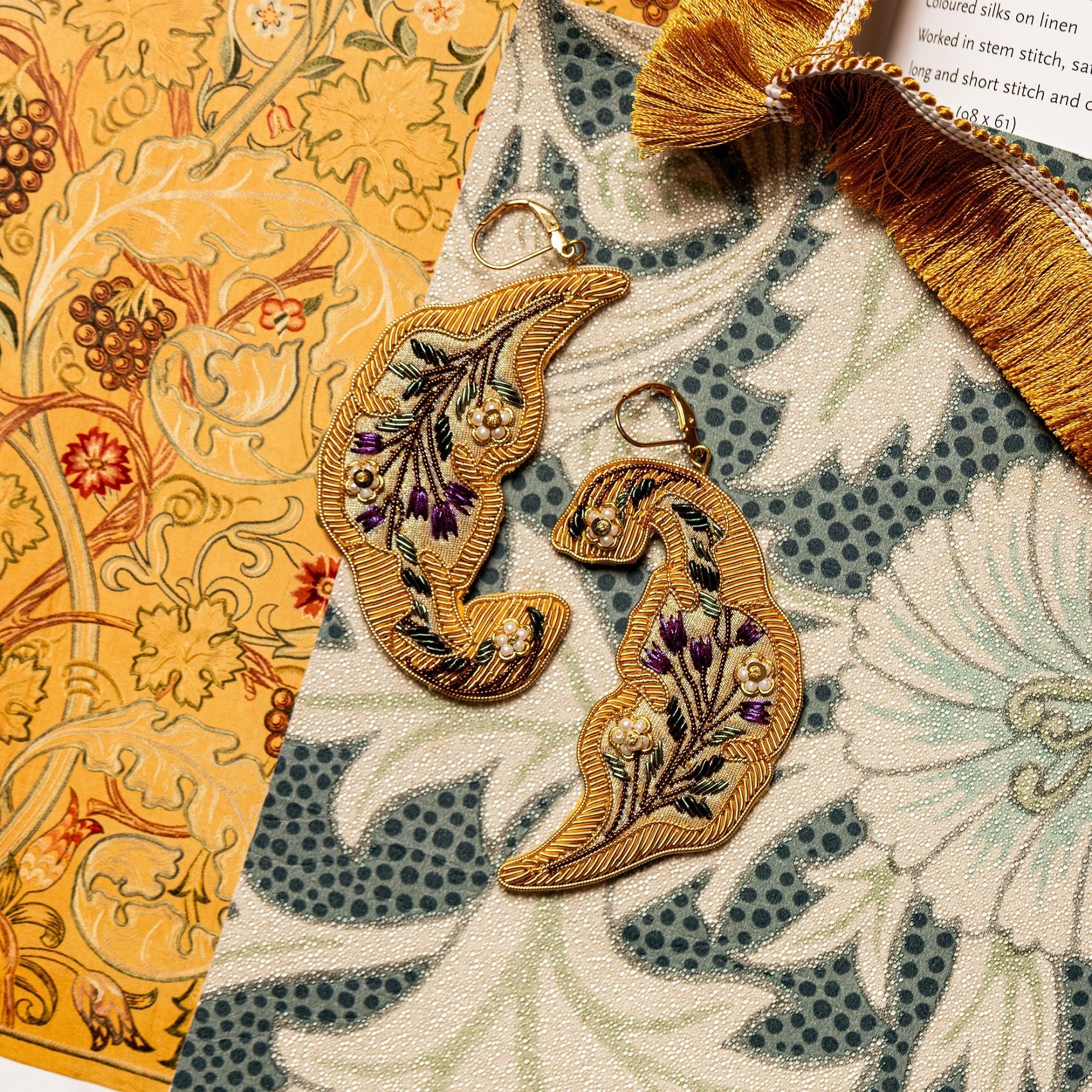 William Morris Hand Embroidered Goldwork Earrings