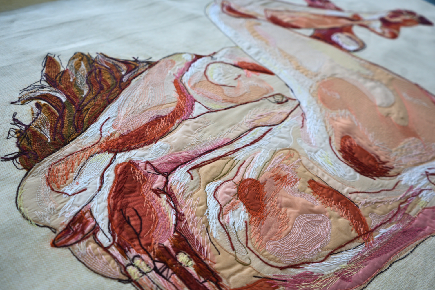 WowHouse Thread - The Luella Bartley Ottoman - Hand and Lock Machine Embroidery WIP Sample